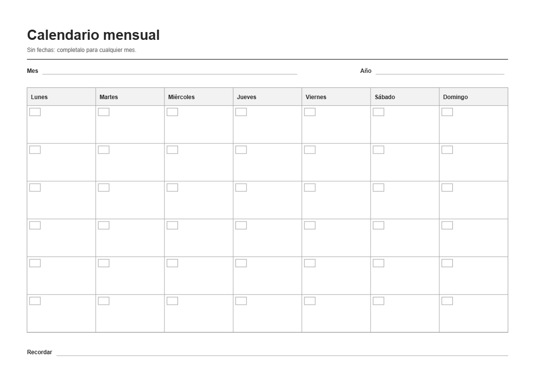 Calendario mensual sin fechas