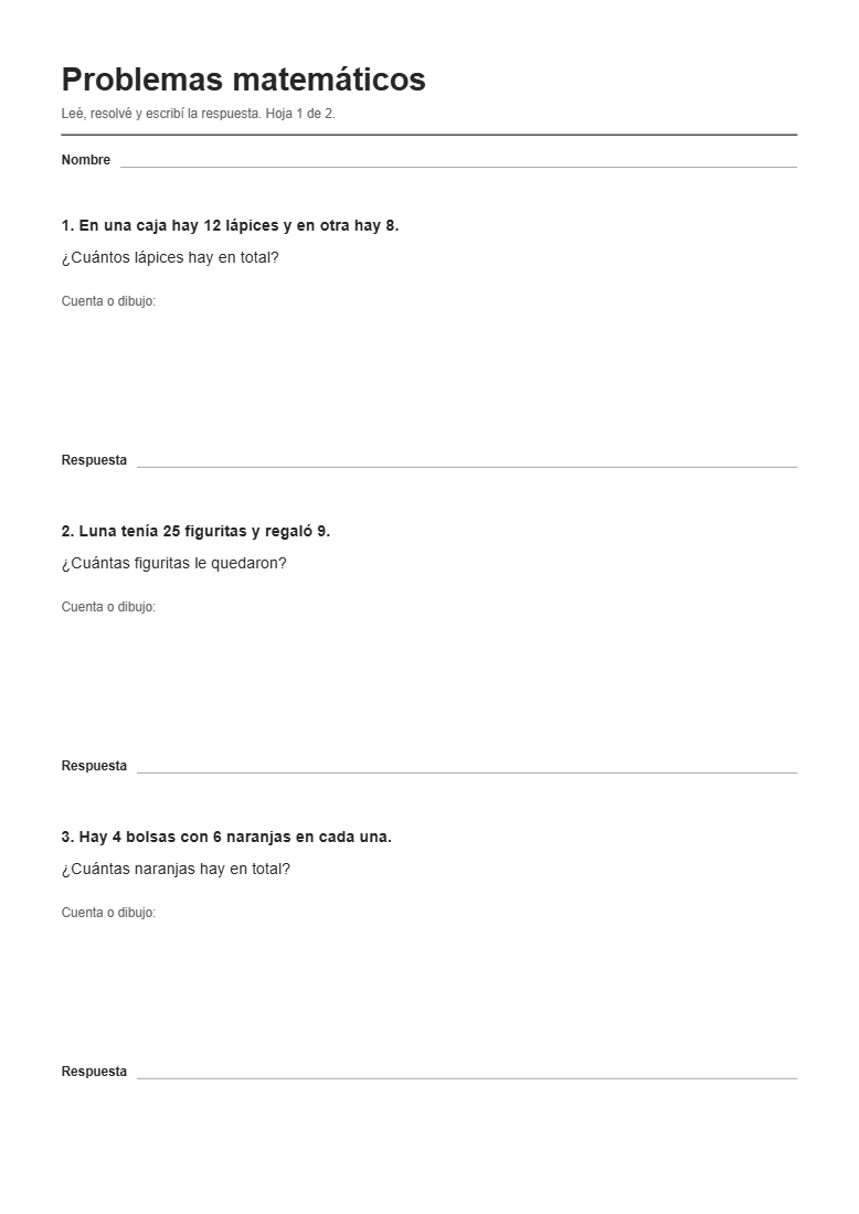 Problemas matemáticos sencillos, hoja 1