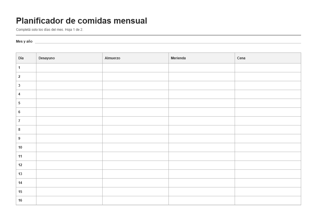 Planificador de comidas mensual, hoja 1